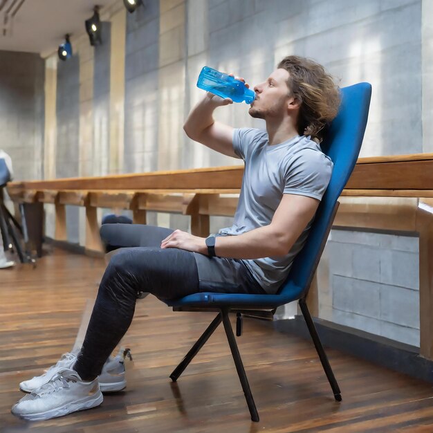 Un uomo che si rilassa su una sedia e beve acqua