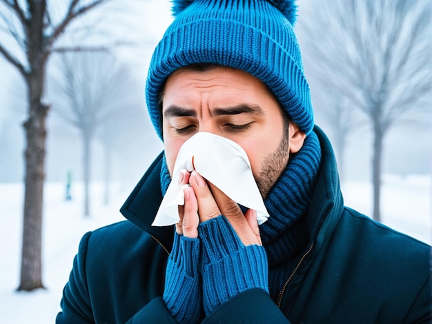 Un uomo che si soffi il naso in inverno