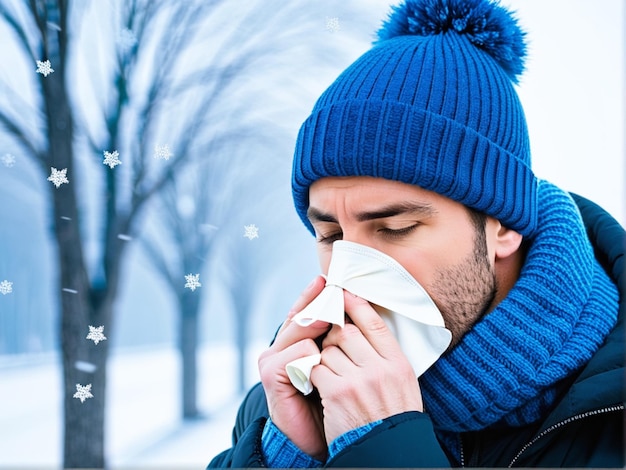 Un uomo che si soffia il naso in inverno