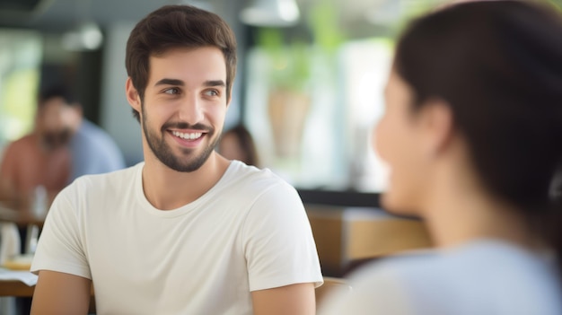 Un uomo che sorride a una donna in un ristorante che irradia felicità.