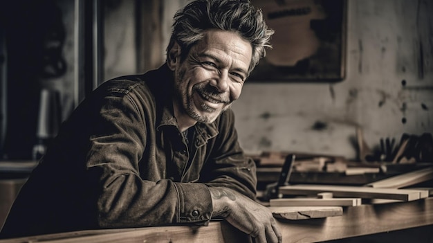 Un uomo che sorride alla macchina fotografica con uno strumento per la lavorazione del legno sul tavolo