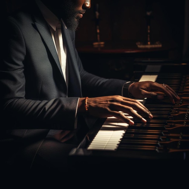 un uomo che suona il pianoforte con una giacca nera
