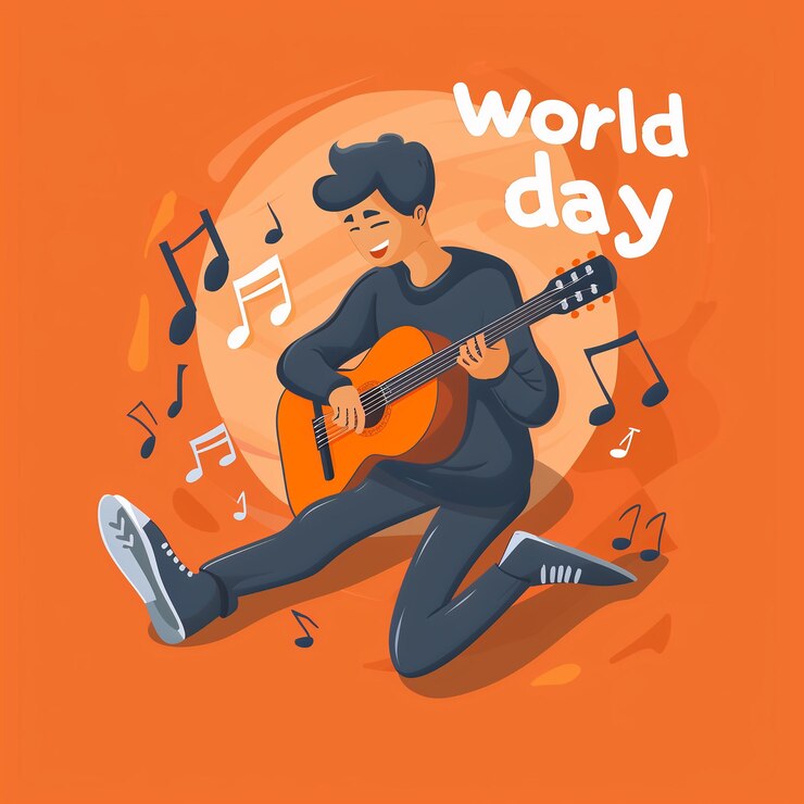un uomo che suona la chitarra con una chitarra e note musicali