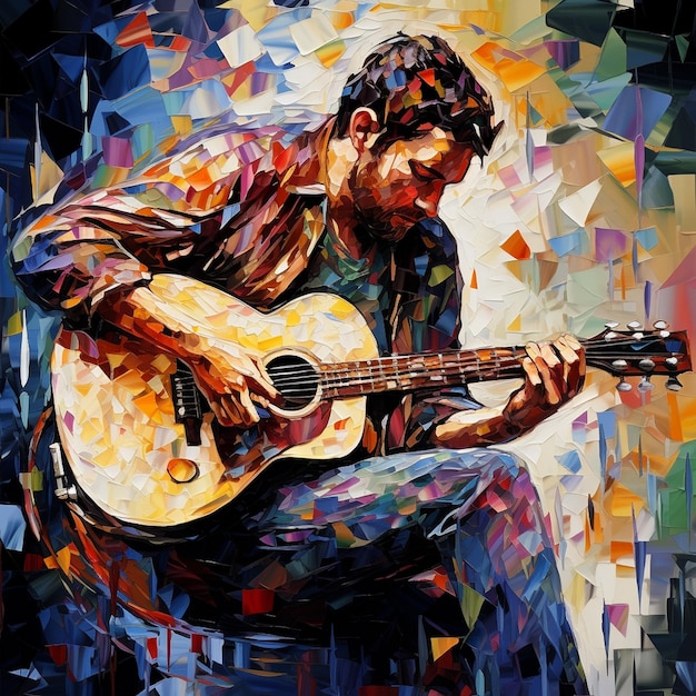 un uomo che suona la chitarra con uno sfondo colorato.