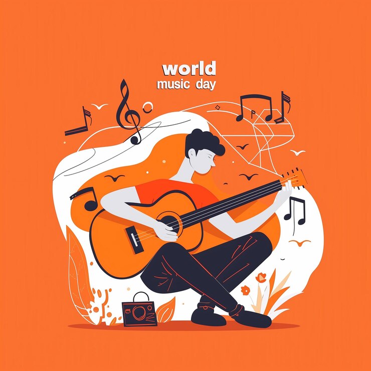 un uomo che suona la chitarra e canta con note musicali sullo sfondo