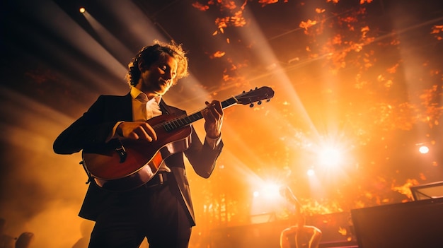 un uomo che suona la chitarra e canta davanti a un palco con uno sfondo di luci.