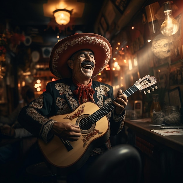 un uomo che suona la chitarra in un bar con un cartello che dice "la chitarra".