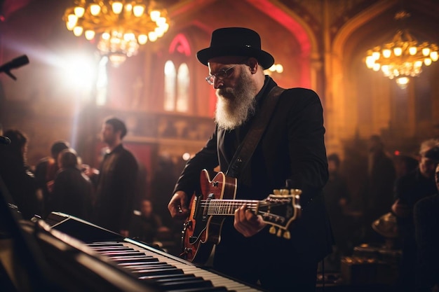 un uomo che suona la chitarra in una chiesa.