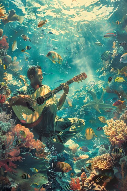 un uomo che suona la chitarra sotto una barriera corallina con una chitarra