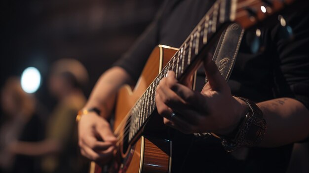 Un uomo che suona una chitarra con uno sfondo nero