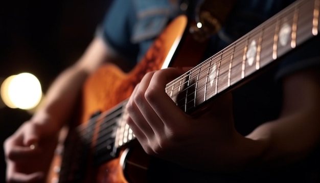 Un uomo che suona una chitarra con uno sfondo scuro