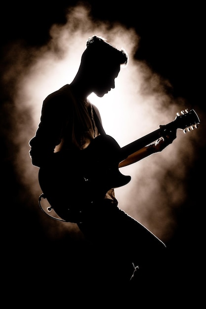 Un uomo che suona una chitarra davanti a uno sfondo fumoso.