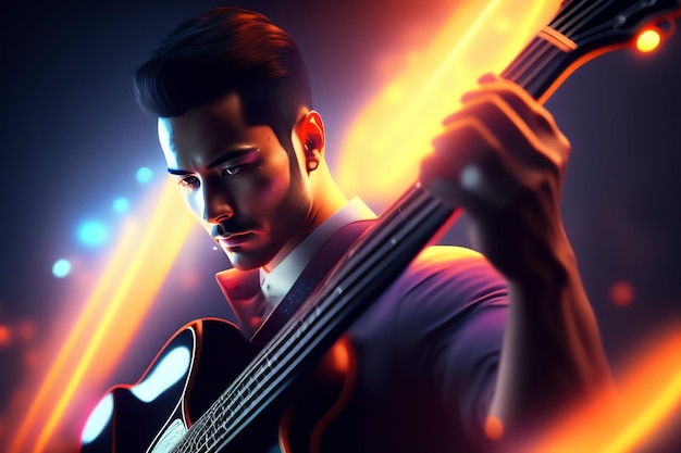 Un uomo che suona una chitarra in una stanza buia con una luce al neon dietro di lui.