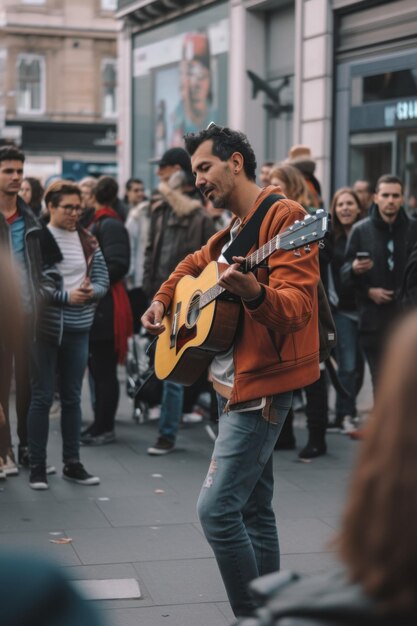 Un uomo che suona una chitarra in una strada affollata Immagine di IA generativa