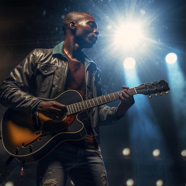 Un uomo che suona una chitarra sul palco con un riflettore sullo sfondo.