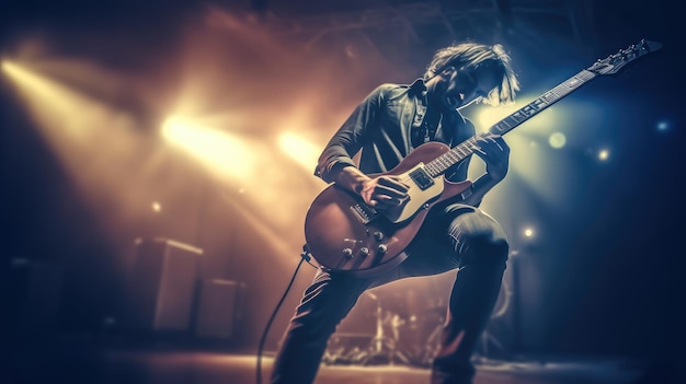 Un uomo che suona una chitarra sul palco con un riflettore sullo sfondo