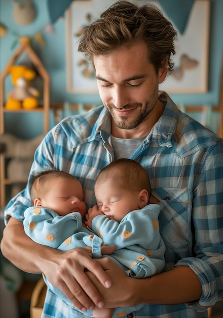 Un uomo che tiene due bambini tra le braccia