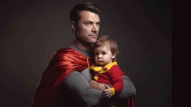 Un uomo che tiene in braccio un bambino con un costume da supereroe.