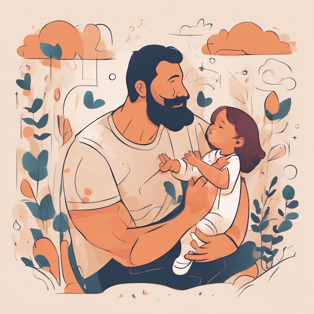 un uomo che tiene in braccio un bambino e un cielo con su scritto il padre