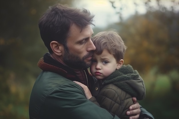 Un uomo che tiene in braccio un bambino.