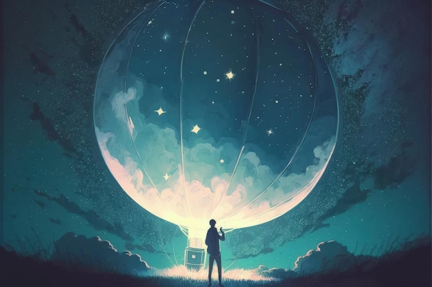 Un uomo che tiene in mano un grande pallone pieno di stelle luminose che galleggiano nel cielo notturno Concetto di fantasia Pittura illustrativa IA generativa