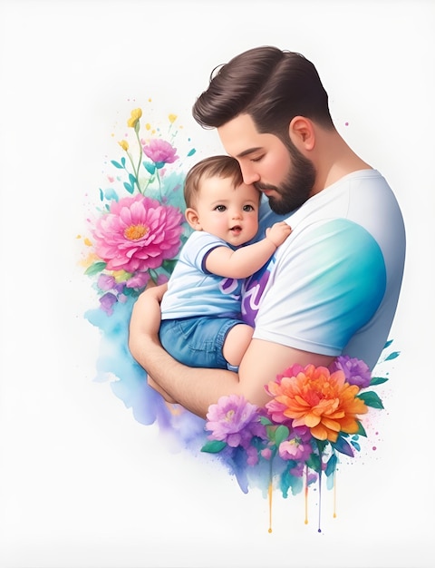 Un uomo che tiene un bambino con dei fiori