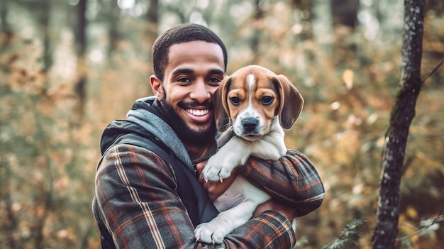 Un uomo che tiene un cane in una foresta