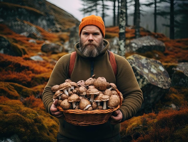 un uomo che tiene un cesto di funghi nella foresta nello stile della natura norvegese