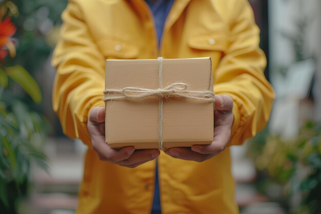 Un uomo che tiene un regalo avvolto nelle mani con un nastro marrone