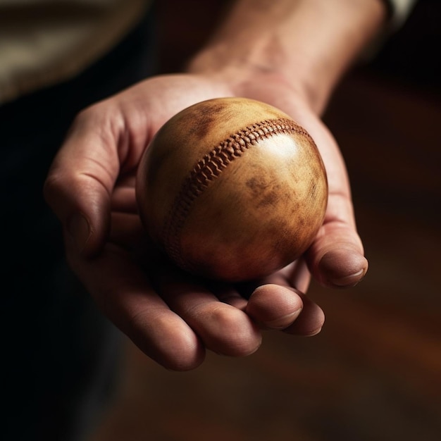 Un uomo che tiene una palla da baseball con sopra la parola baseball