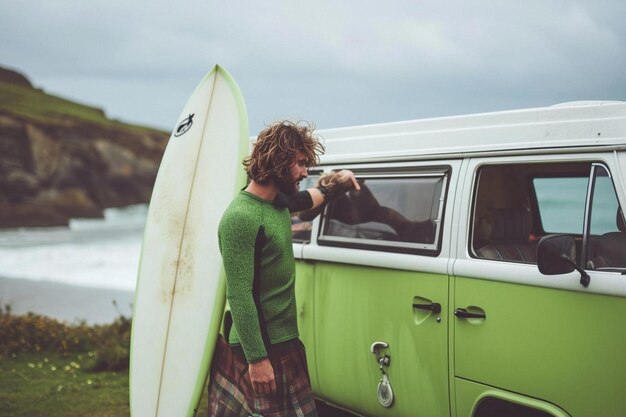 un uomo che tiene una tavola da surf accanto a un furgone