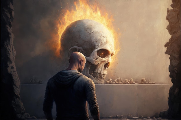 Un uomo che tiene una torcia ardente guardando una scultura in pietra di un cranio in bassorilievo Concetto di fantasia Illustrazione pittura Generativa AI