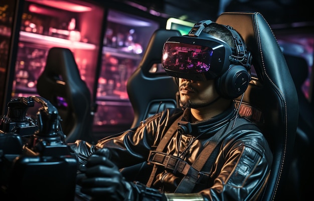 Un uomo che usa gli occhiali per realtà virtuale VR a casa per giocare ai videogiochi intelligenti in una futuristica cabina di pilotaggio del simulatore