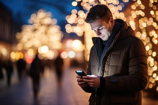 Un uomo che usa uno smartphone in città, sfondo invernale, luce, bokeh, spazio vuoto, AI generativa