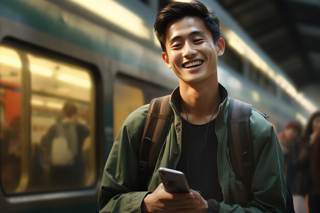 Un uomo che utilizza lo smartphone in stazione