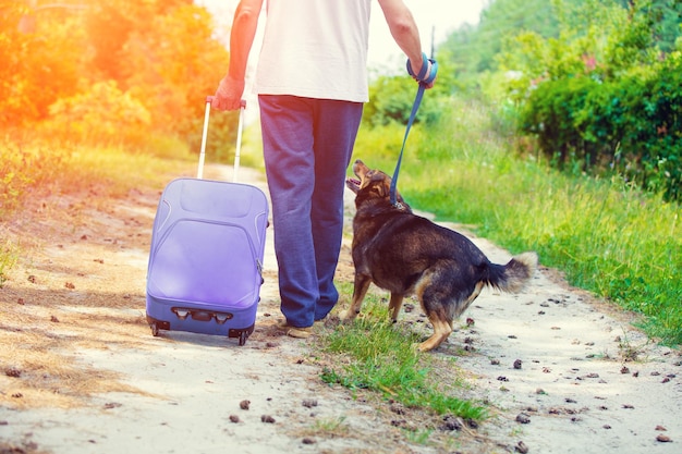 Un uomo che va con un cane al guinzaglio su una strada sterrata in estate Borsa da viaggio della holding dell'uomo