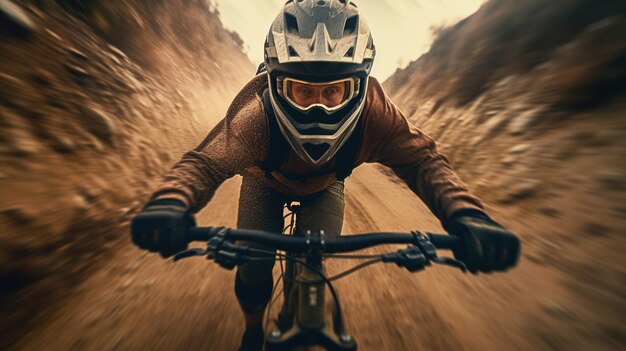 Un uomo che va in bicicletta su una strada di terra con un casco.