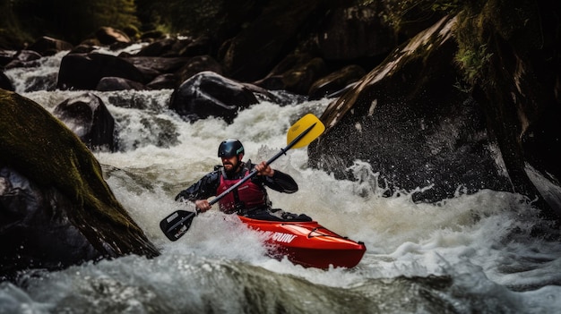 Un uomo che va in kayak in un fiume con la parola bianco sul lato del kayak.