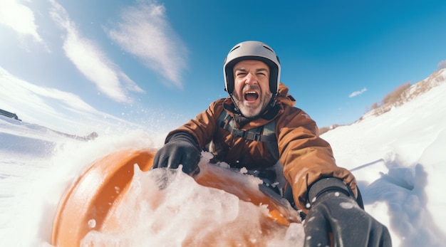 un uomo che va in slitta sulla neve con l'equipaggiamento di sicurezza nello stile dell'energia giovanile dell'obiettivo fisheye