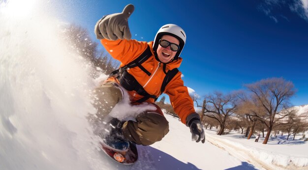 un uomo che va in slitta sulla neve con l'equipaggiamento di sicurezza nello stile dell'energia giovanile dell'obiettivo fisheye