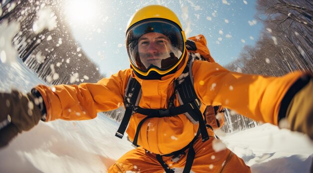 un uomo che va in slitta sulla neve con l'equipaggiamento di sicurezza nello stile dell'energia giovanile dell'obiettivo fisheye