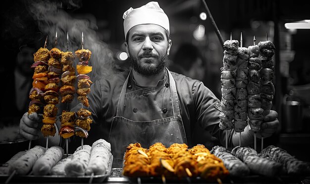 un uomo che vende carni e carni in un stand alimentare