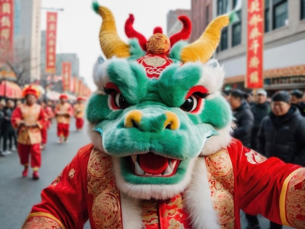 Un uomo cinese vestito da drago sfila per le strade di una città che celebra il Capodanno cinese