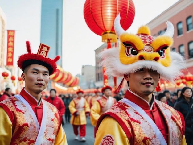 Un uomo cinese vestito da drago sfila per le strade di una città che celebra il Capodanno cinese