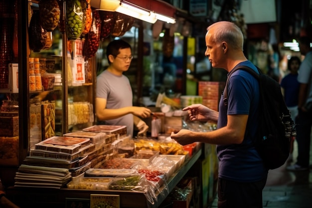 un uomo compra generi alimentari allo sportello in Asia