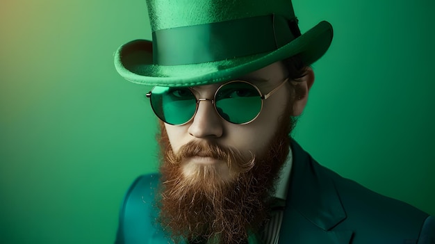 Un uomo con barba e baffi che indossa un cappello verde, occhiali da sole e un costume per il giorno di San Patrizio