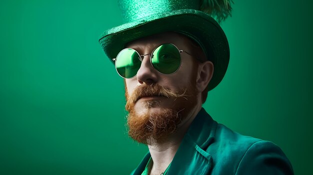 Un uomo con barba e baffi che indossa un cappello verde, occhiali da sole e un costume per il giorno di San Patrizio