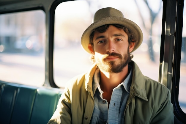 un uomo con barba e cappello seduto su un autobus