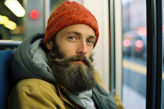 un uomo con barba e cappello seduto su un treno