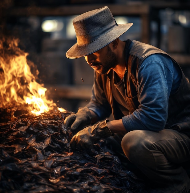 Un uomo con cappelli e guanti che lavora in una fabbrica di riciclaggio